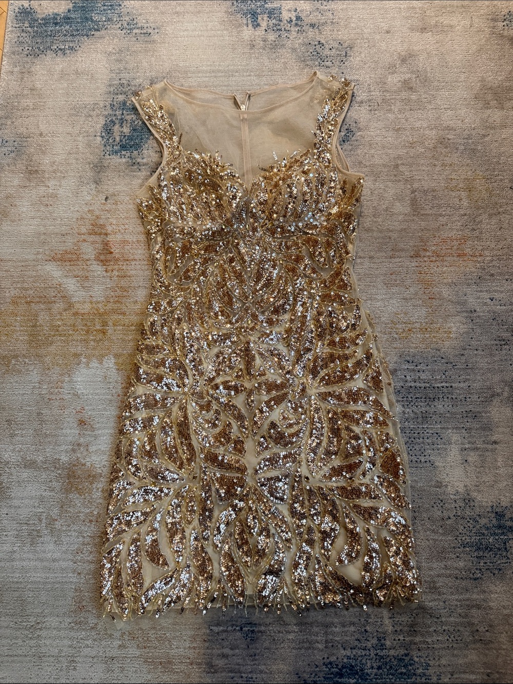 Gold Sequin Sheath Dress with Illusion Neckline and low back